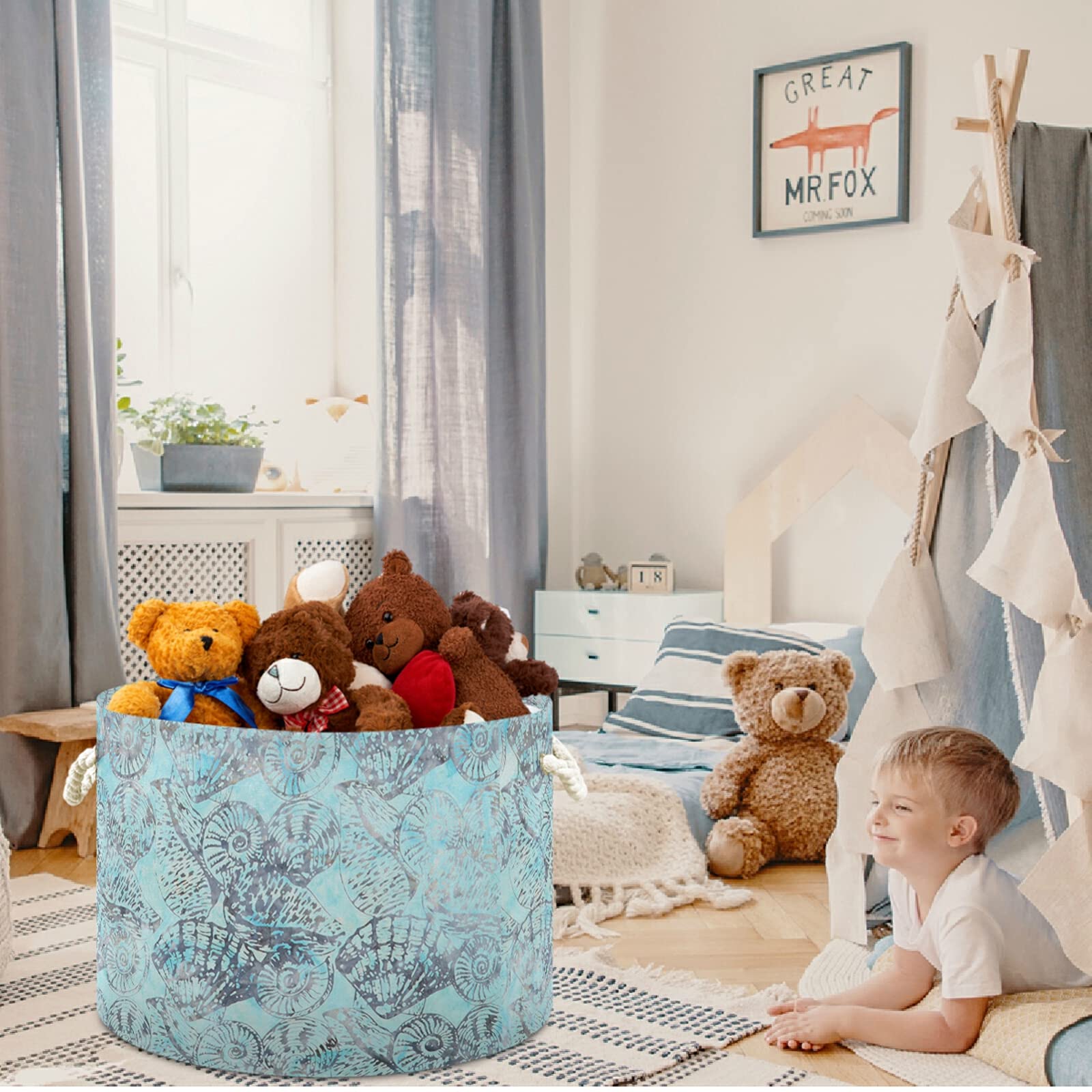 Visesunny Abstract Blue Shell Starfish Collapsible Fabric Storage Basket - Laundry Hamper, Toy Organizer & Clothes Bin for Bathroom, Bedroom, Nursery, Closet & Office | Perfect for Kids' Room Decor & Home Organization