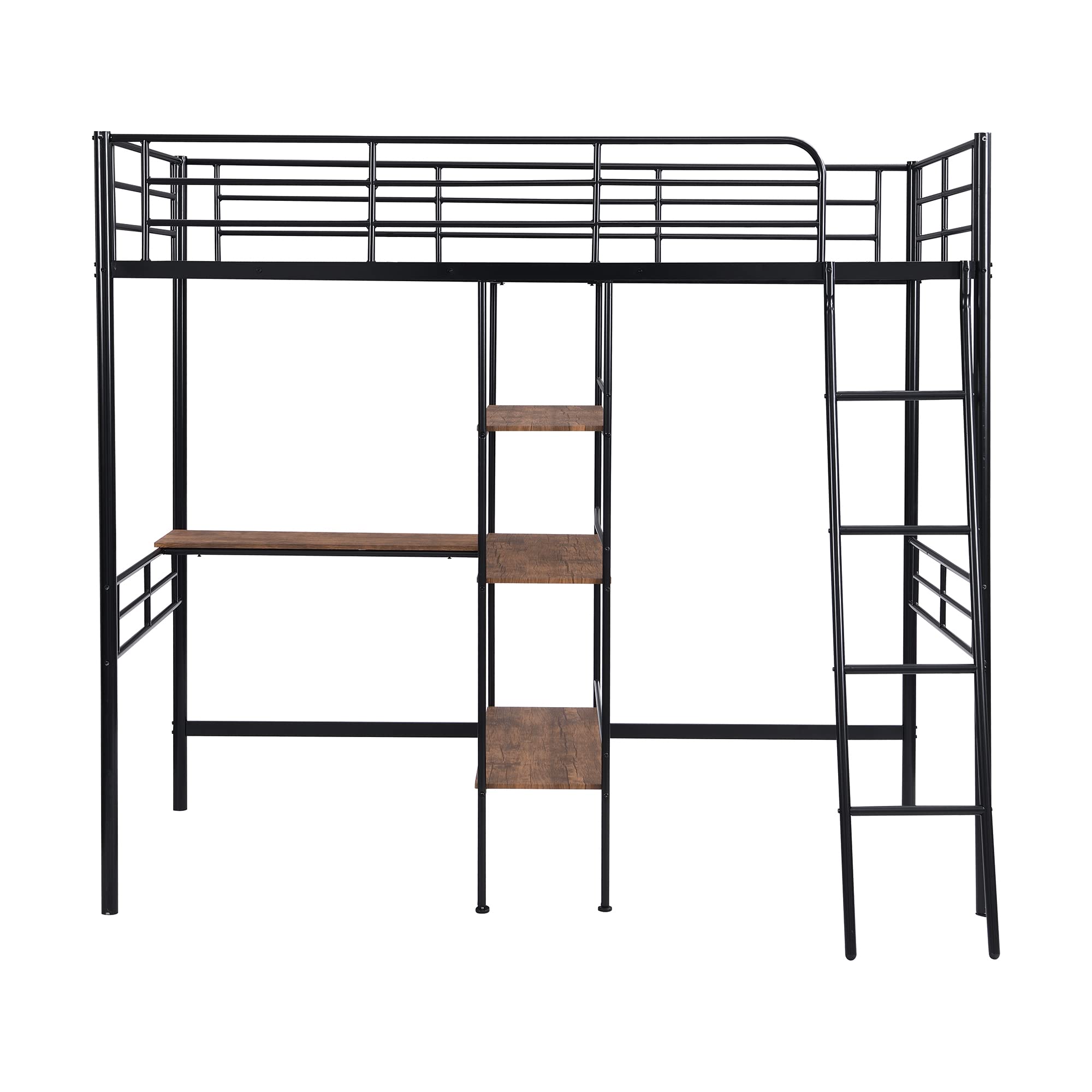 Twin Size Loft Bed with Built-in Desk & 3-Tier Shelves - Under-Bed Workstation, Metal Bed Frame with Ladder & Guardrails - Space Saving Bedroom Furniture for Small Rooms, Dorms & Apartments (Black)