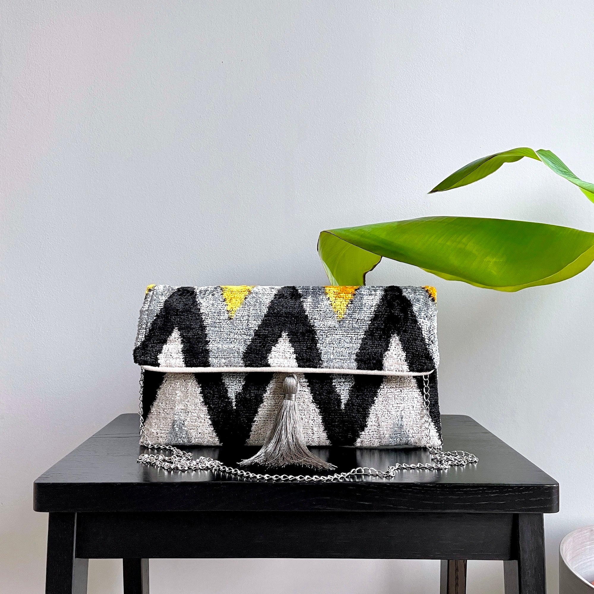 Stylish Ikat Print Clutch Bag for Women - Elegant Volcano Piano Design Handbag - Perfect for Evening Parties, Weddings & Special Occasions