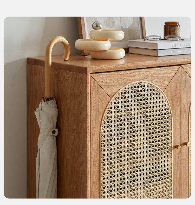 Oak Solid Wood Rattan Shoe Cabinet - Rustic Entryway Storage Organizer for Shoes, Boots & Accessories | Perfect for Hallway, Mudroom & Closet Organization