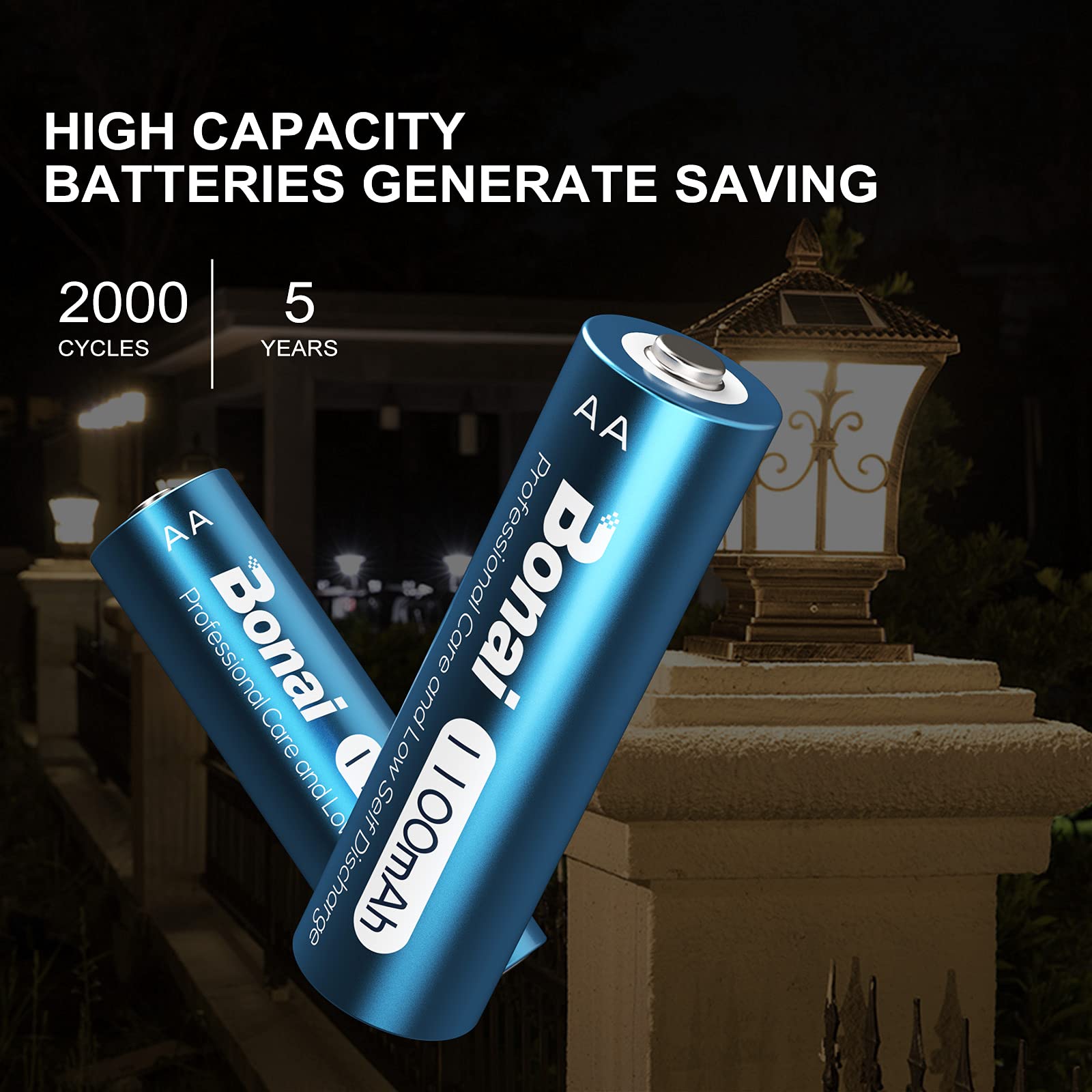 BONAI AA Rechargeable Batteries 20 Pack - 1100mAh NiMH High Capacity 1.2V Pre-Charged Double A Batteries for Solar Lights, Flashlights, Toys & Outdoor Gear - Long Lasting Power Supply for Home & Camping Use