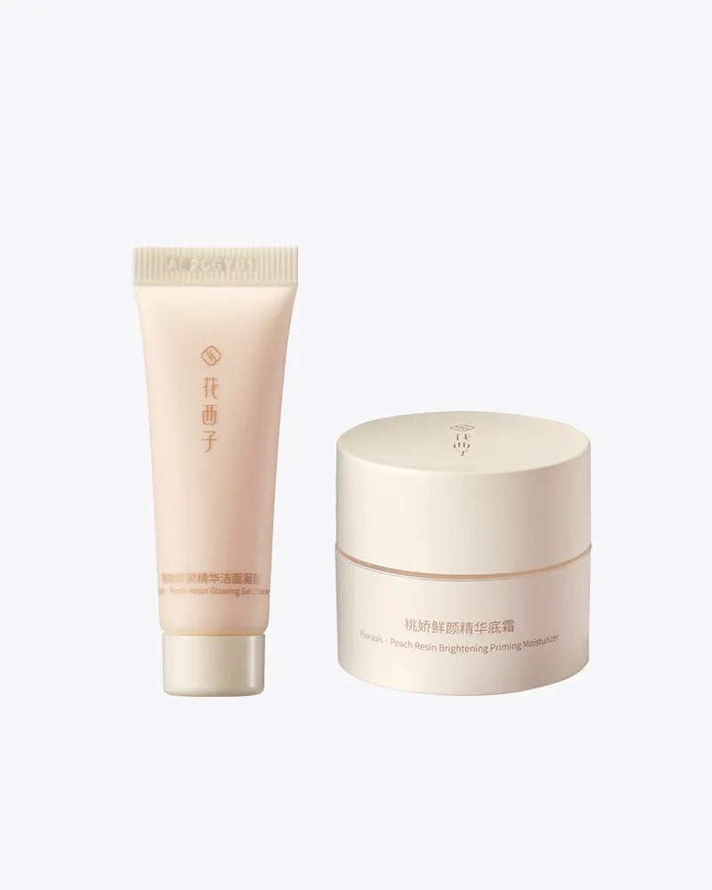Peach Resin Brightening Priming Moisturizer & Glowing Gel Cleanser Set - Hydrating Skincare Routine for Radiant Skin - Perfect for Morning & Night Facial Care