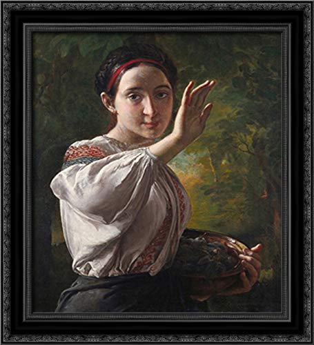 Vasily Tropinin Girl With Plums 20x22 Inch Black Ornate Wood Framed Canvas Art - Perfect for Living Room, Bedroom & Office Wall Decor