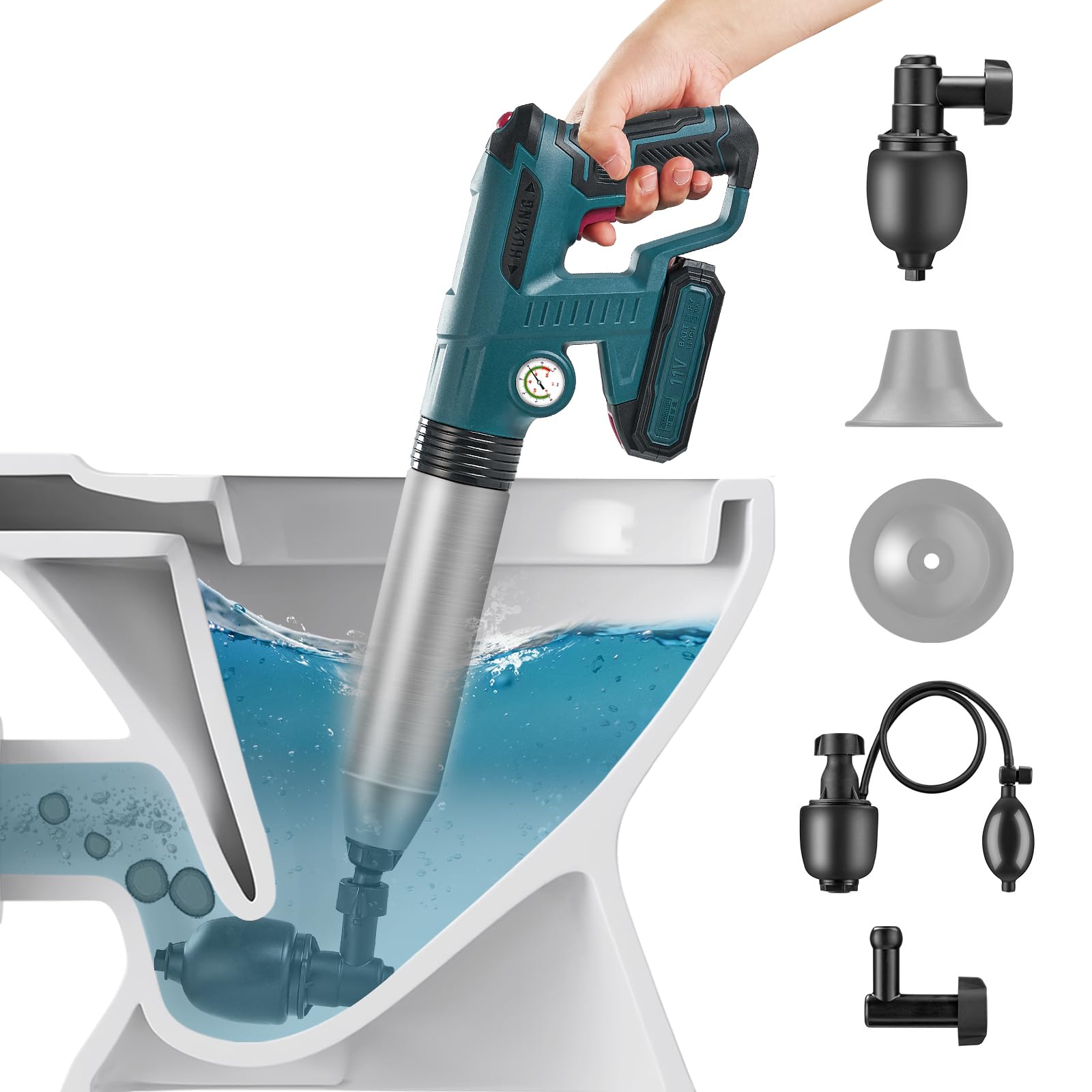 Heavy Duty Electric Toilet Plunger - 80 PSI Portable Battery Powered High Pressure Clog Remover with Barometer for Bathroom, Kitchen Sink & Sewer Drain - Ideal for Home, RV & Commercial Use