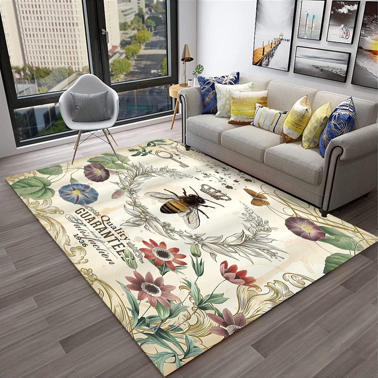 Vintage Gardens Area Rug with Animal Bee & Butterfly Design - Bohemian Home Decor for Living Room, Bedroom, or Nursery