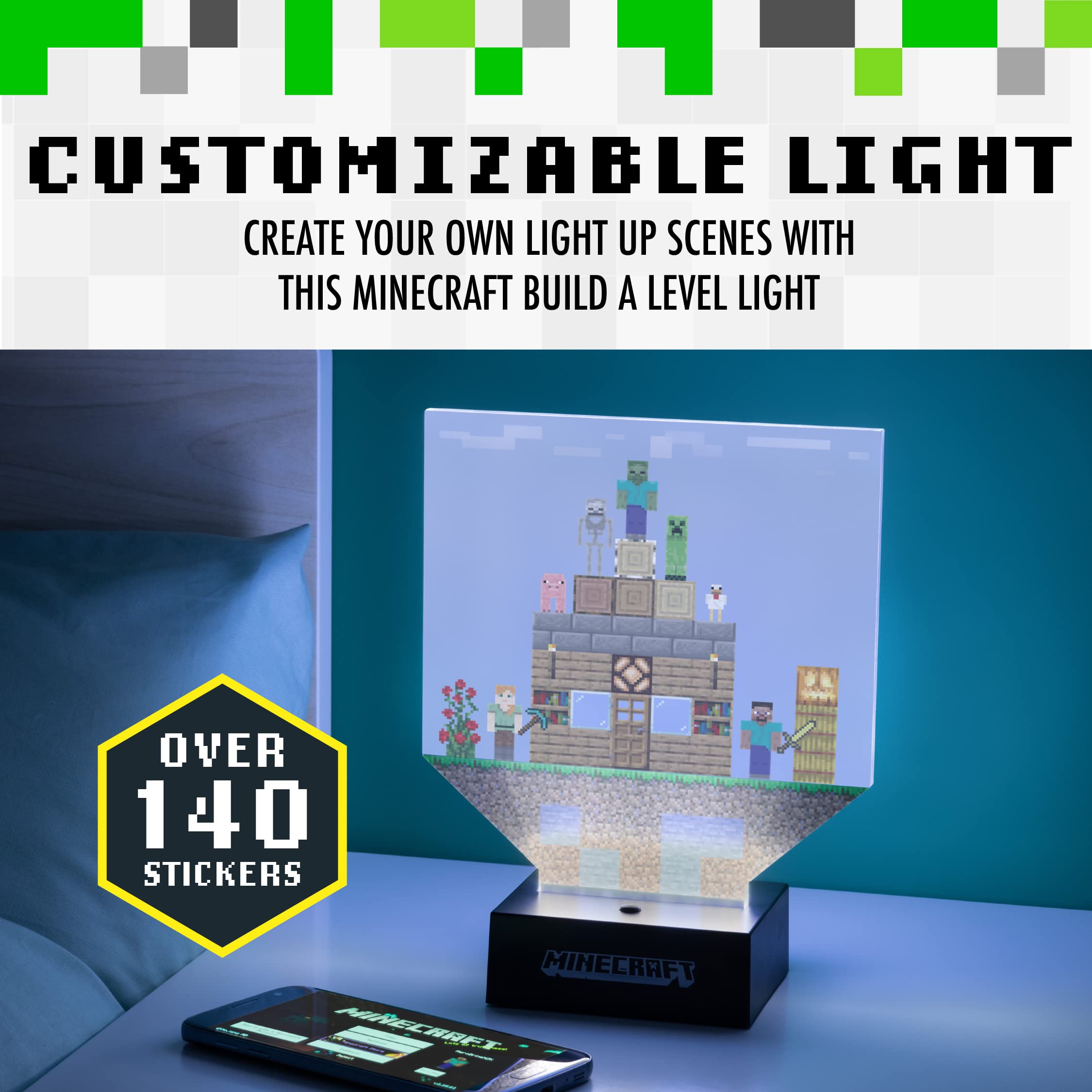 Minecraft Build a Level Light - Customizable Desk Lamp with 140+ Stickers for Kids & Gamers - Perfect for Bedroom, Gaming Room & Study Desk Decor