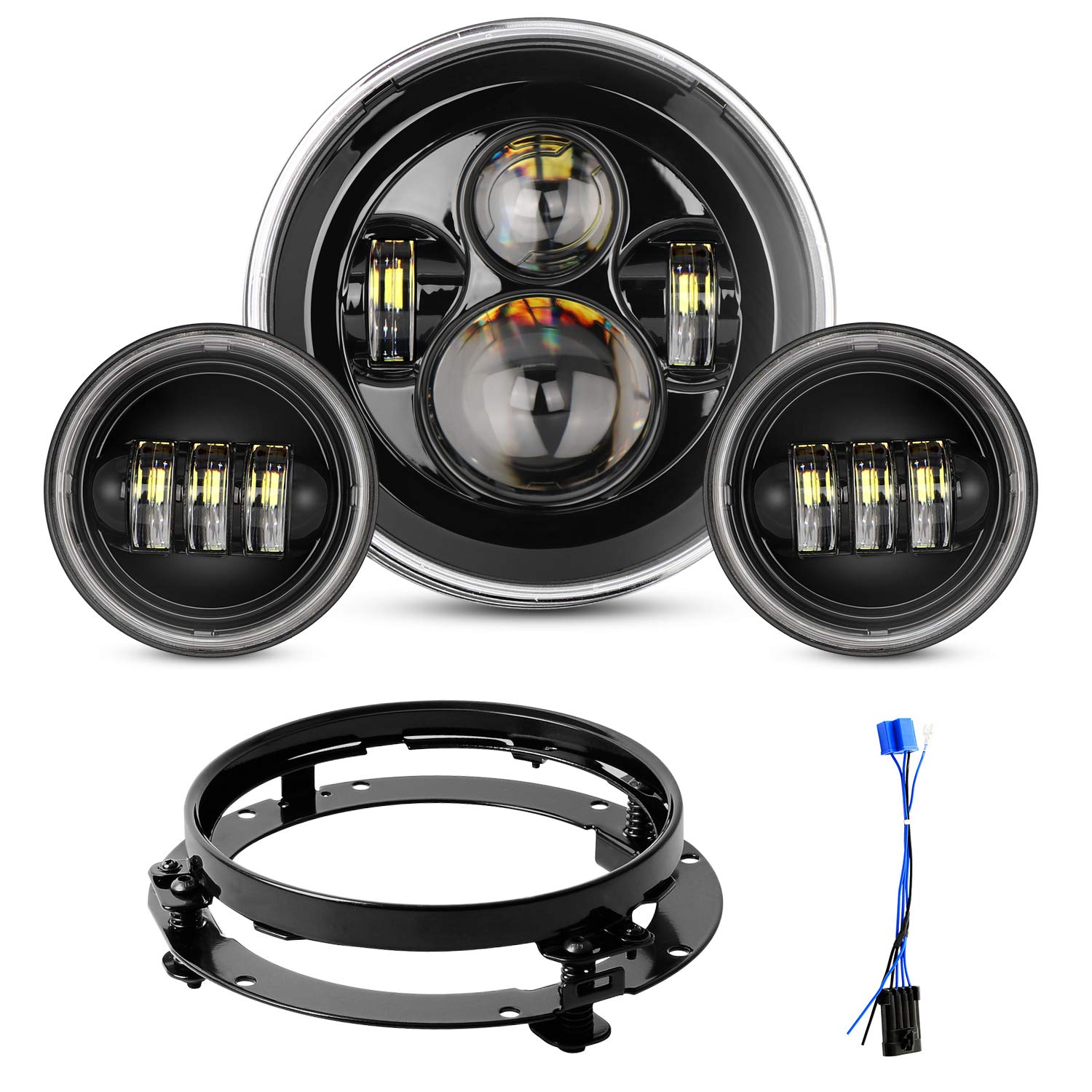 YEEGO DIRECT 7 inch Motorcycle LED Headlight & 4.5 inch Fog Lights DOT Approved Kit - Compatible with Harley Davidson Road King, Ultra Classic, Electra Glide, Street Glide, Trike, CVO, Heritage Softail, Slim, Deluxe, Fat Boy (Black) - High Visibility for Night Riding & Foggy Conditions