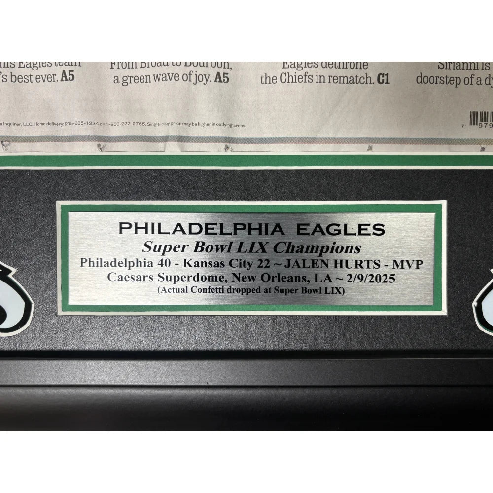 Philadelphia Eagles Super Bowl 59 Champions Framed Newspaper with Confetti - Authentic Inquirer Front Page - Perfect for Eagles Fans, Sports Memorabilia Collectors & Man Cave Decor