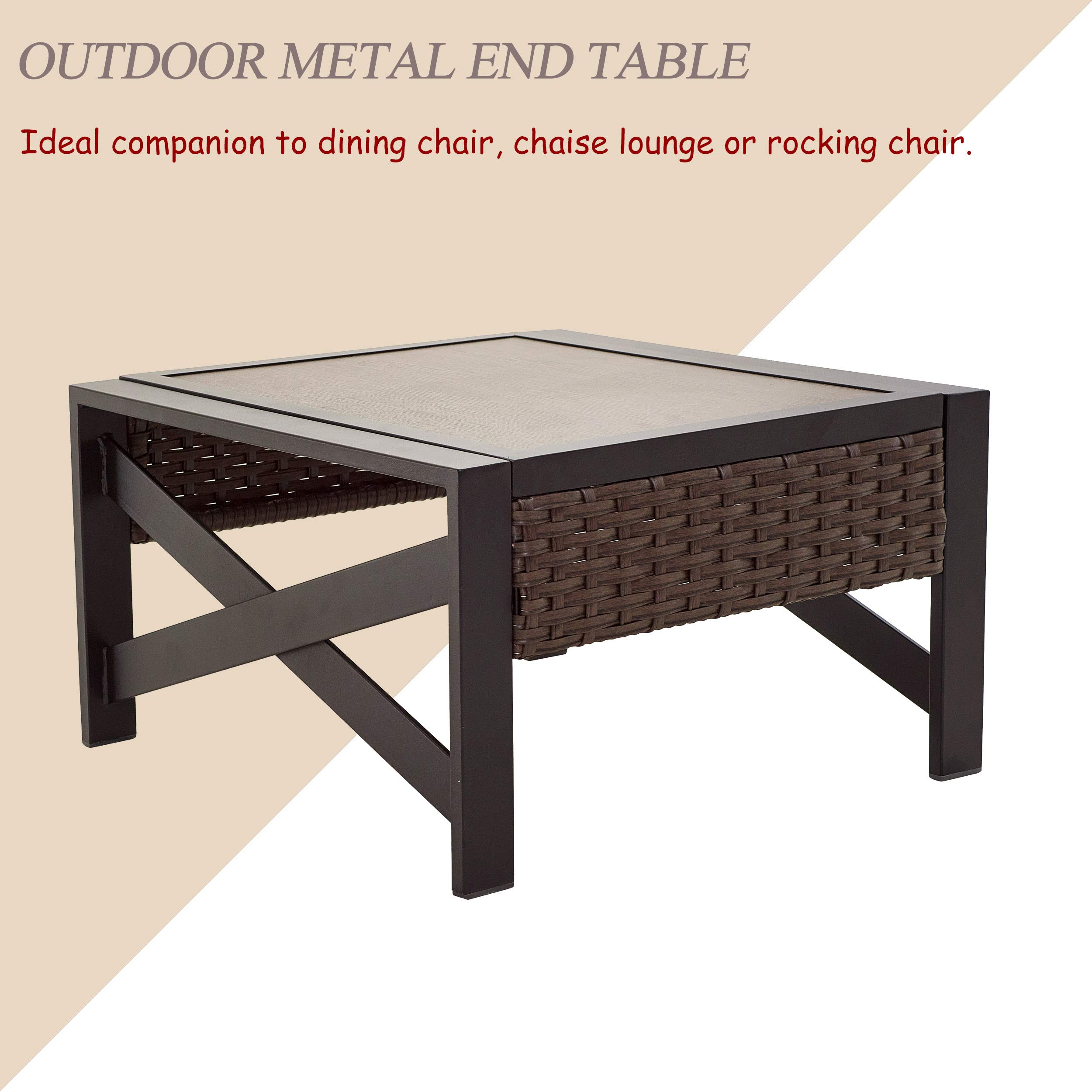 LOKATSE HOME Outdoor Metal Patio Bistro Table with X-Shaped Steel Legs & Wicker Rattan Top - Brown Side Table for Coffee, Garden, Balcony, and Poolside Use