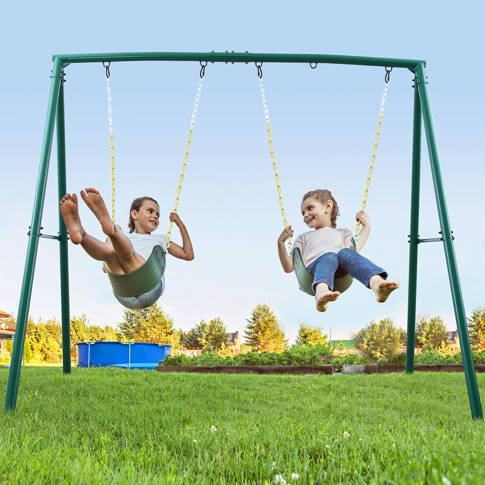 Heavy Duty 440lbs Capacity Metal Swing Stand Frame with Ground Stakes - for Kids & Adults Outdoor Play, Backyard, Garden, Park - Compatible with Most Swing Seats