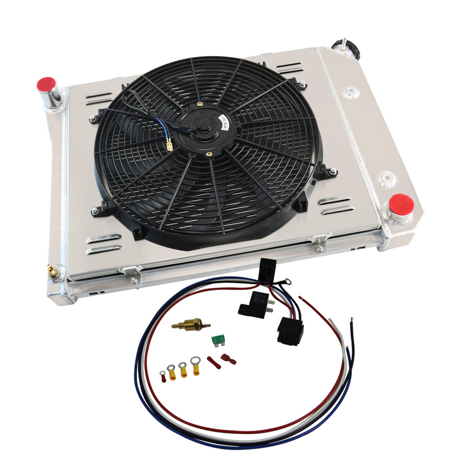 High-Performance 3-Row Aluminum Radiator for 1968-1974 Chevy Nova & 1975-1987 El Camino - Also Fits 1964-1987 Chevy Buick Oldsmobile Pontiac Models (Chevelle, Camaro, Malibu, Impala, LeSabre) - Complete Cooling Kit with Fan Shroud & Relay - Perfect for Classic Car Restoration & Hot Rod Upgrades