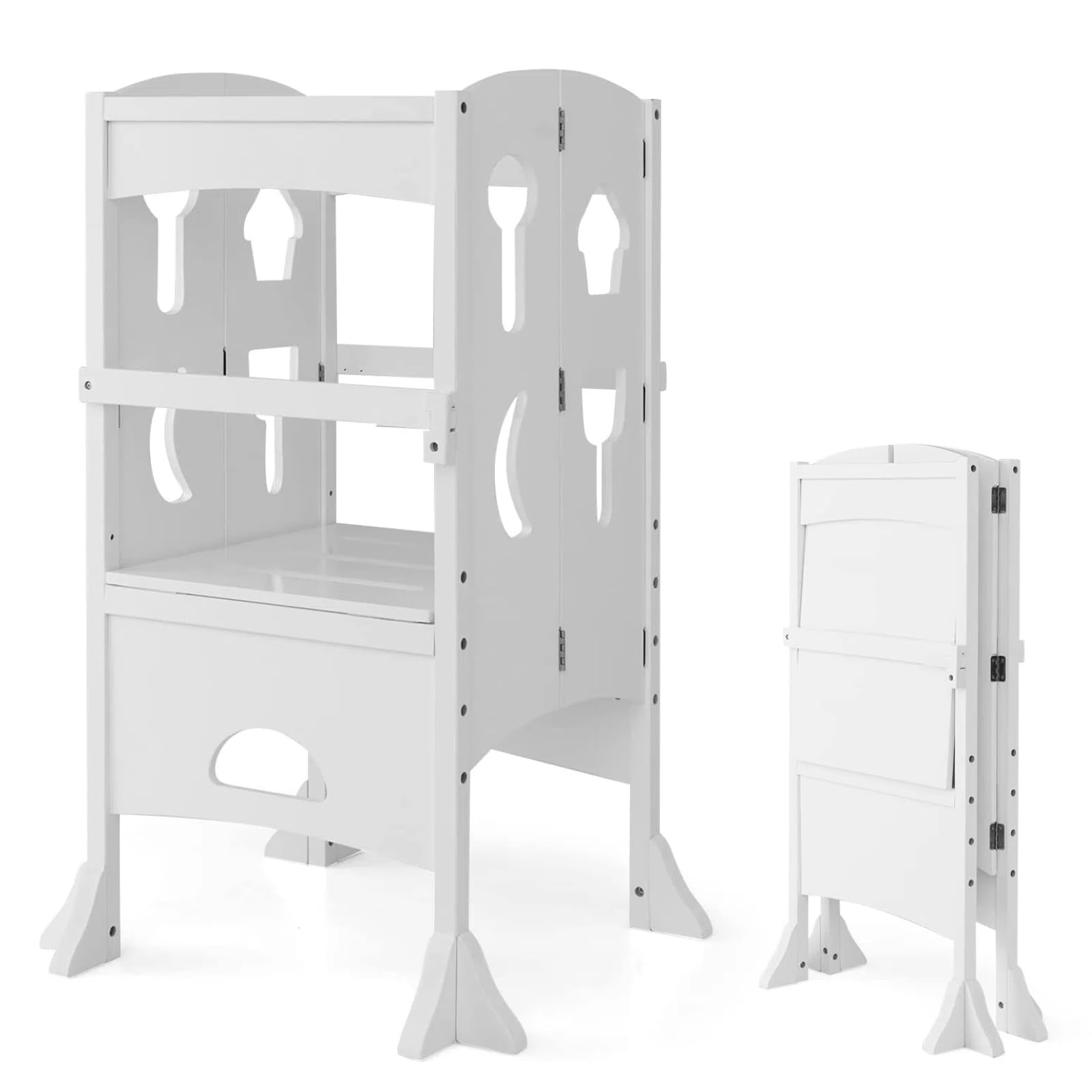 HONEY JOY Wooden Montessori Step Stool for Toddlers & Kids - Foldable Learning Tower with Safety Rail for Kitchen Counter - White - Perfect for Baking, Cooking & Independent Play