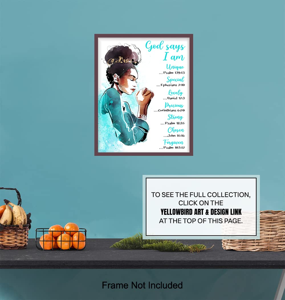 Inspirational Bible Verse Wall Art for African American Women - God Says You Are - Motivational Christian Scripture Decor - Religious Gift for Black Girls Bedroom - Blue 8x10 - Perfect for Home, Office & Church Decor