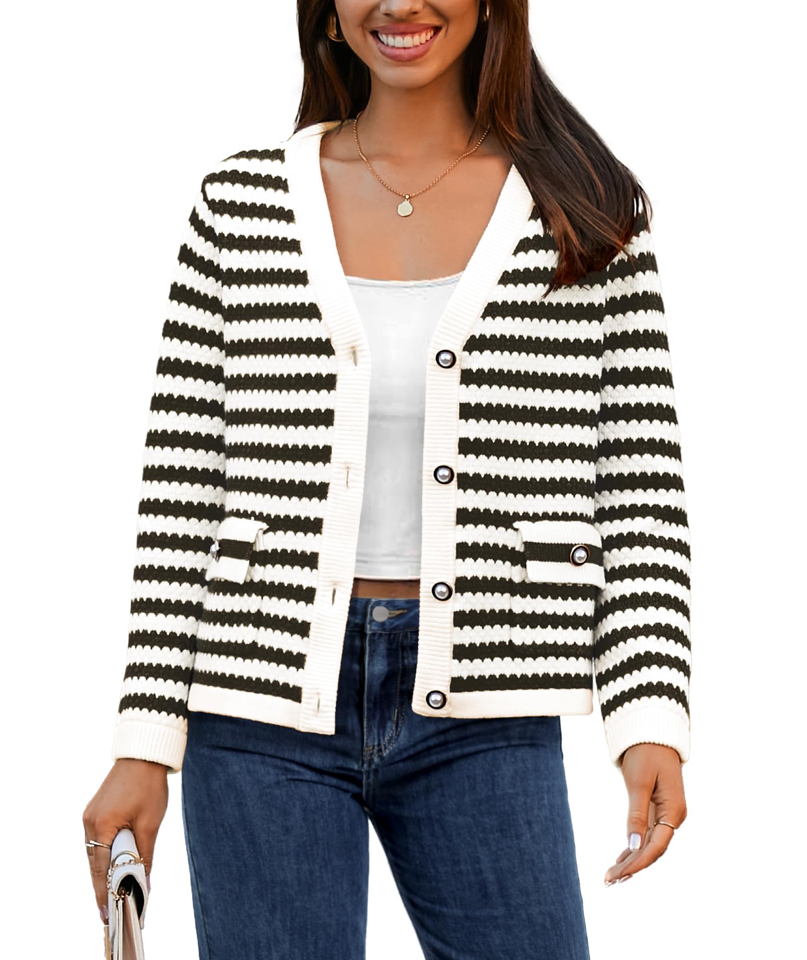 Women's V Neck Button Down Cardigan Sweater - Long Sleeve Knit Open Front Cropped Jacket for Spring | Casual Outerwear for Work, Date Night & Weekend Outings