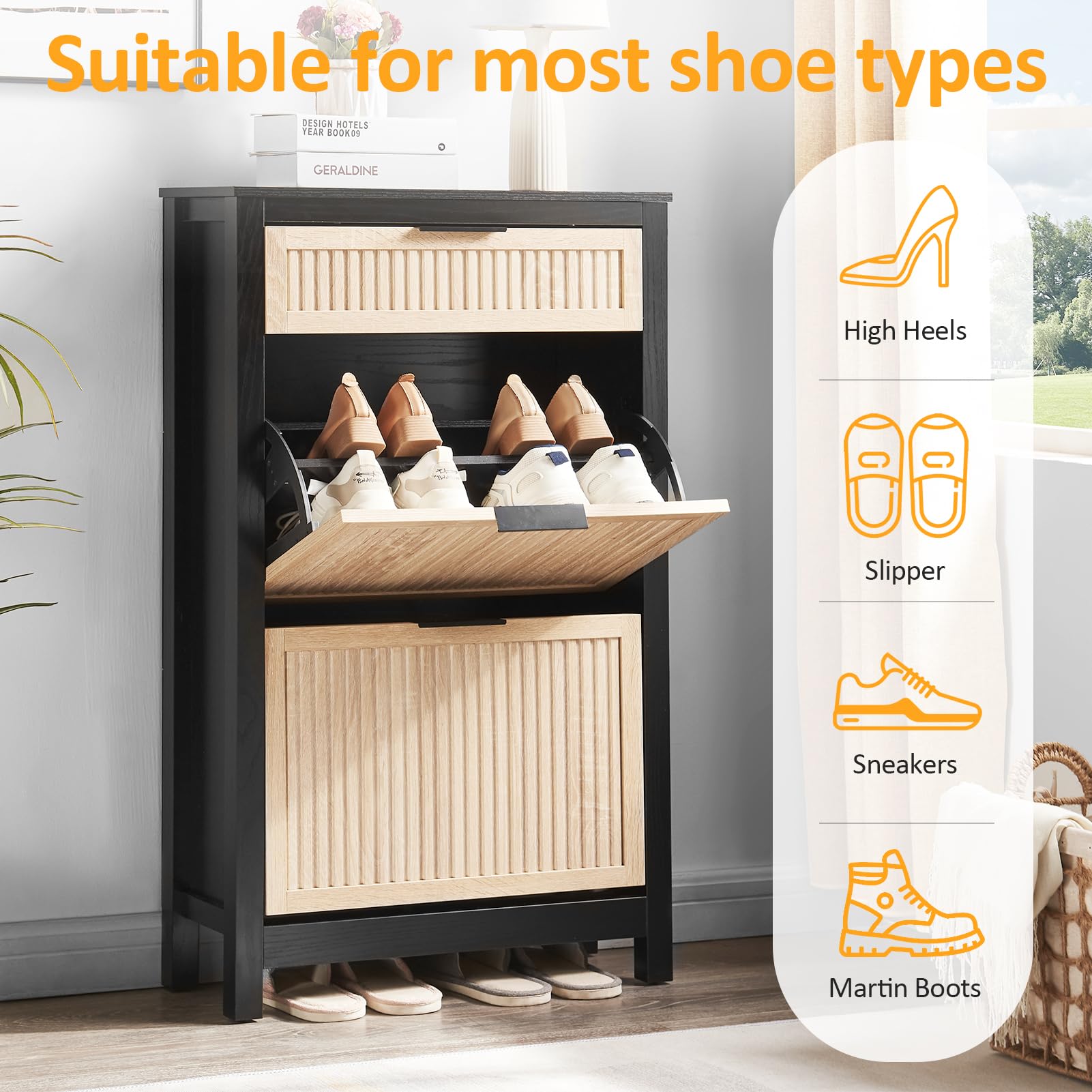 2-Tier Flip Drawer Shoe Storage Cabinet - Narrow Entryway Shoe Organizer for Front Door, Free Standing Hidden Wooden Hallway Shoe Rack (Oak & Black) - Perfect for Small Spaces, Apartments & Closet Organization