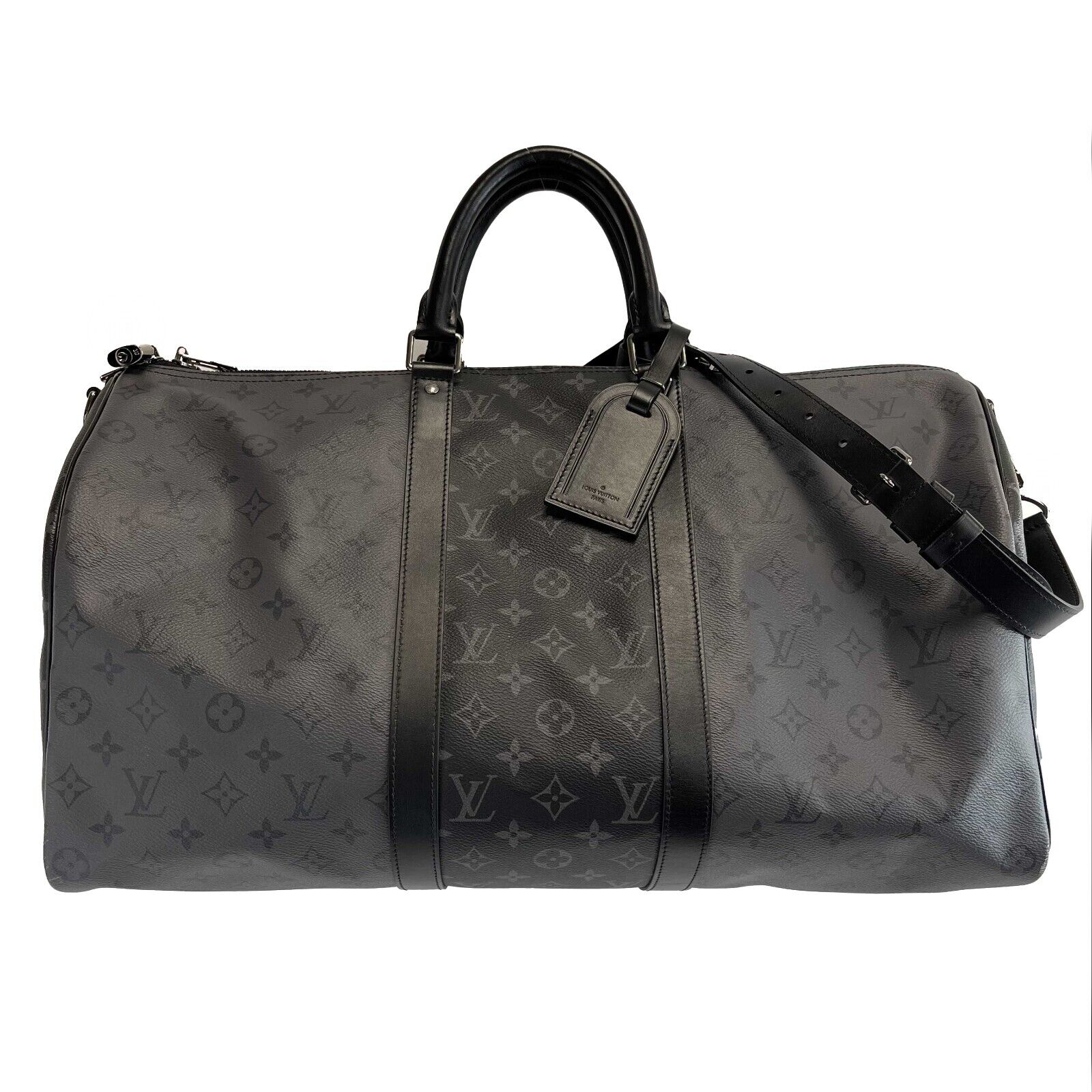 Louis Vuitton Keepall Bandoulière 50 Travel Duffle Bag - Reverse Monogram Eclipse Black Canvas - Luxury Weekend Getaway & Business Travel Carry-On