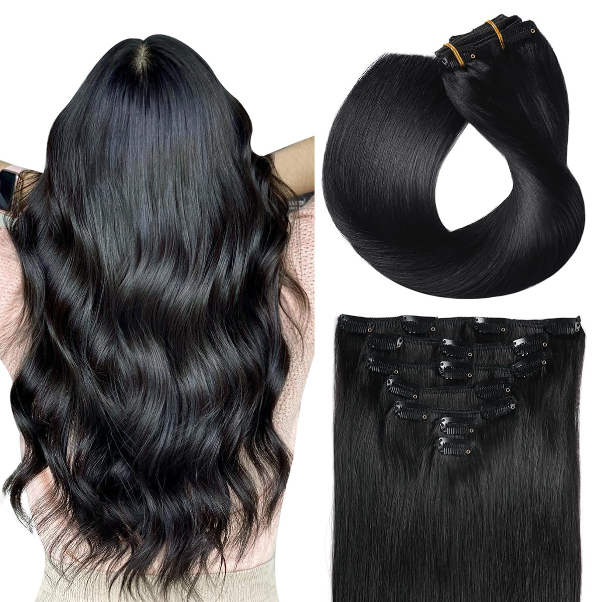 SUYYA 14 Inch 7pcs 110g Jet Black Human Hair Clip-in Extensions - Double Weft Straight Real Human Hair for Styling & Volume - Perfect for Parties, Weddings & Daily Wear