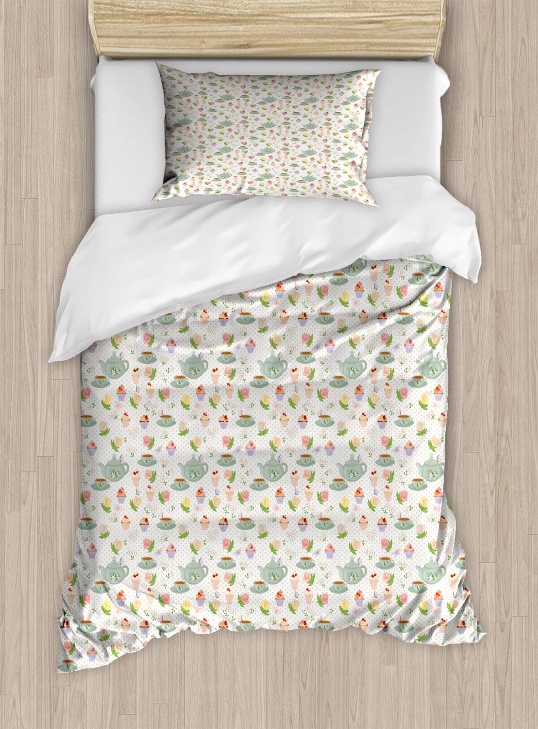 Ambesonne Tea Party Duvet Cover Set - Floral Cupcake & Muffin Design on Polka Dot Background, 2-Piece Twin Size Bedding with Pillow Sham in Pale Sage Green & Multicolor - Perfect for Girls' Room Decor & Vintage Themed Bedrooms