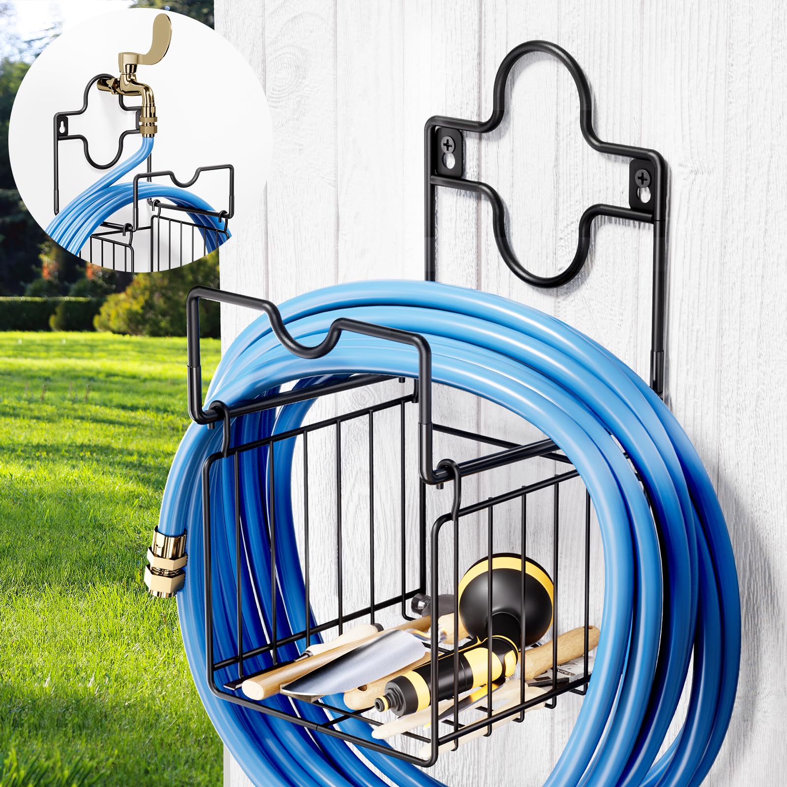 Heavy Duty Metal Hose Holder - Wall Mount with Storage Basket for Garden, Yard, Garage - Durable Outdoor Water Hose Organizer