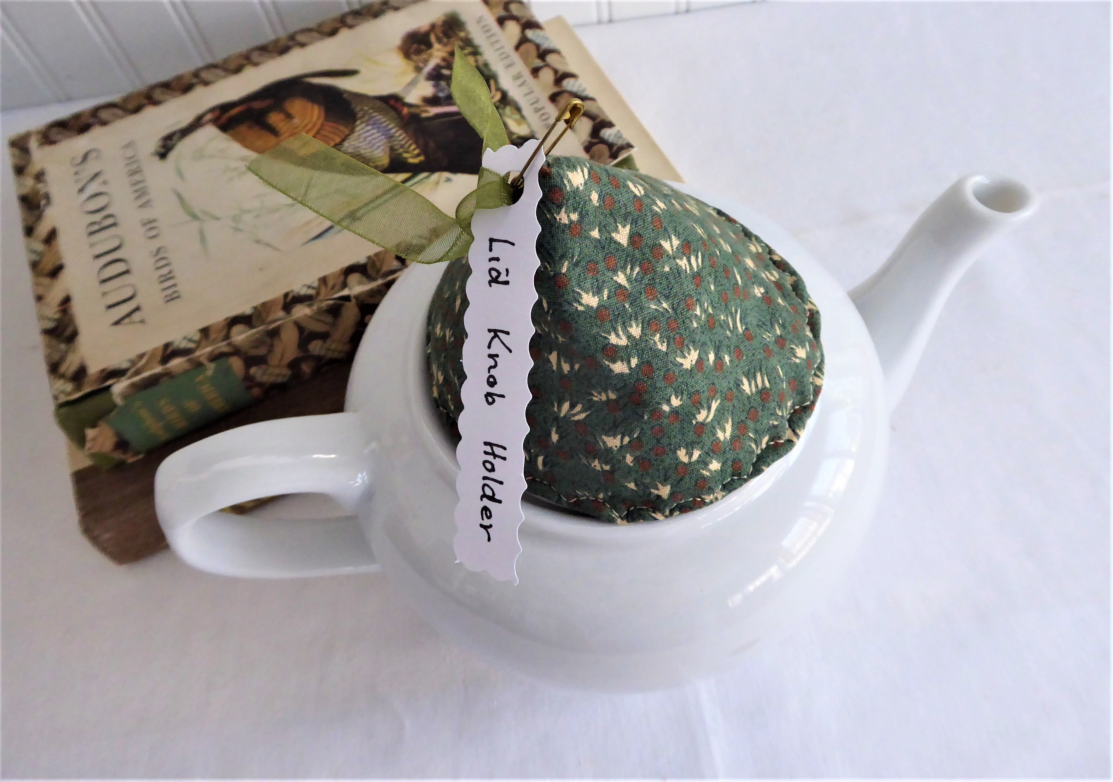Green Chintz Teapot Lid Knob Holder with Padded Tan Checks - Perfect for Tea Parties, Kitchen Decor & Vintage Style Tea Sets