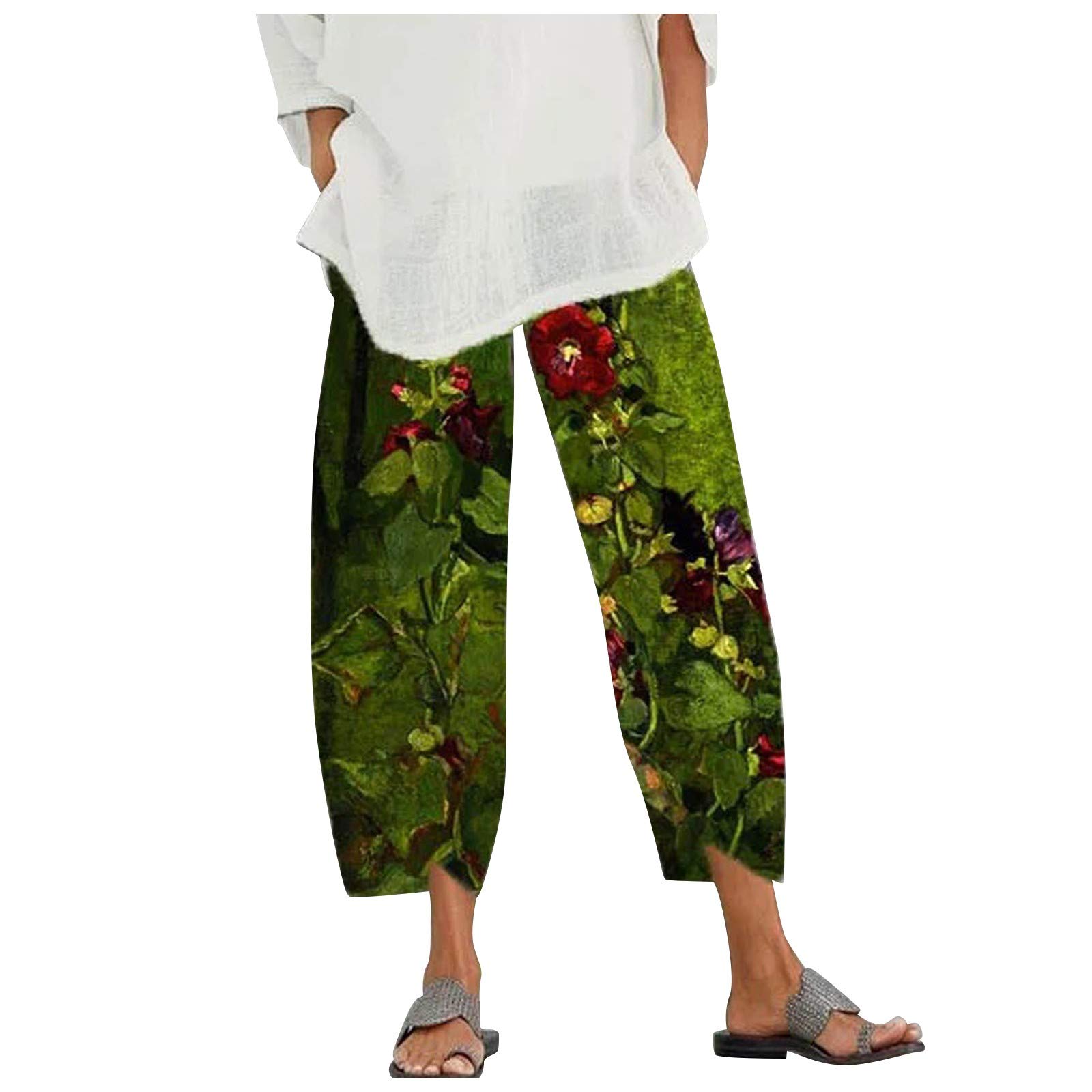 Aniwood Women's High Waist Wide Leg Capri Pants - Summer Casual Yoga Pants with Pockets, Comfortable Training Cropped Pants for Workout, Lounge & Outdoor Activities