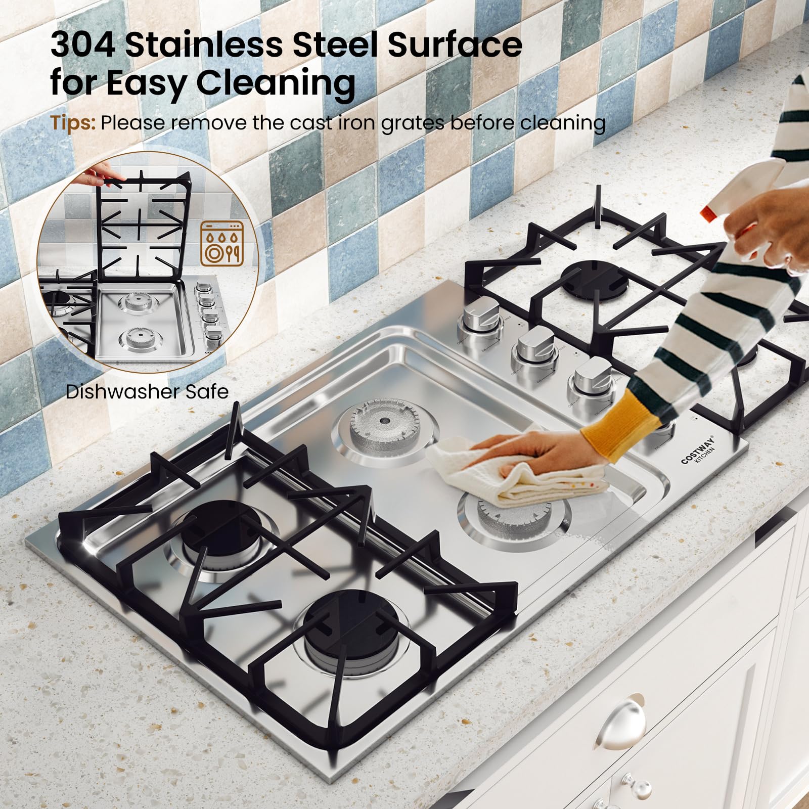 COSTWAY 30-inch 4 Burner Gas Cooktop - Stainless Steel Gas Stove Top with ABS Knobs & Cast Iron Grates - NG/LP Convertible Sealed Burner Range for Kitchen - Easy Clean Silver Surface - Perfect for Home Cooking, Baking & Entertaining
