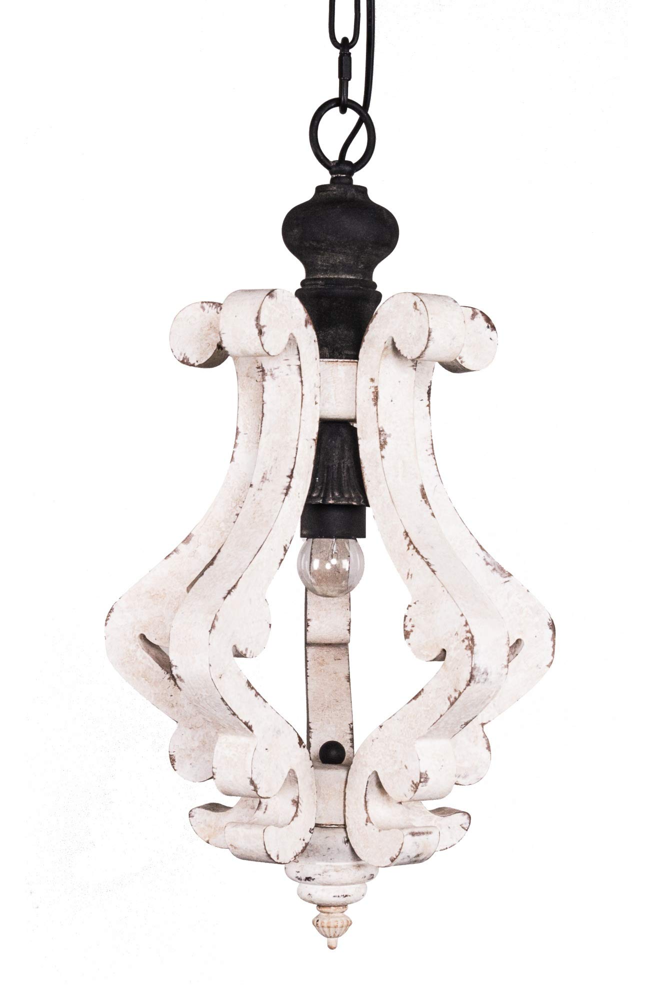 Distressed White Wood Pendant Light - Farmhouse Style 1-Light Metal Chandelier for Living Room, Dining Room, Bedroom, Kitchen, Foyer & Hallway | Rustic Home Decor Lighting Fixture for Cozy Indoor Spaces