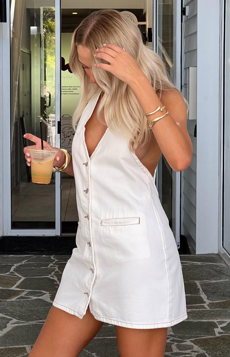 Corbin White Denim Halter Neck Mini Dress for Women - Sexy Summer Party Outfit, Beach Vacation Dress, Clubwear & Date Night Fashion