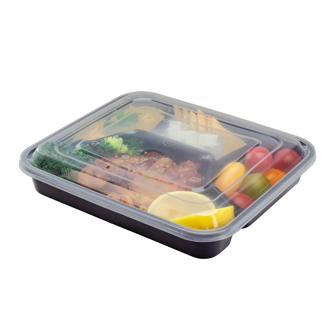 34 oz Black Plastic 4-Compartment Meal Prep Containers with Clear Lids - Microwave Safe (8.75