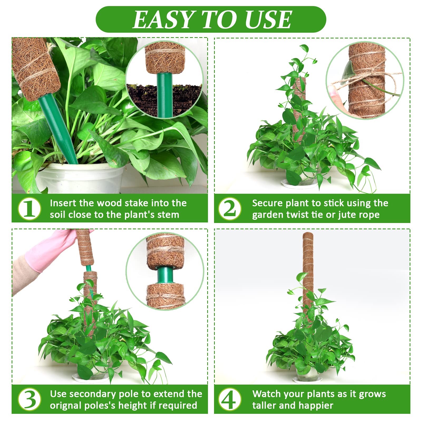 111 Inch Moss Pole for Climbing Plants - 3 Pack (20.5 & 16.5 Inch) Coco Coir Plant Support Stakes with Garden Ties - Ideal for Monstera, Pothos & Indoor Vertical Gardening