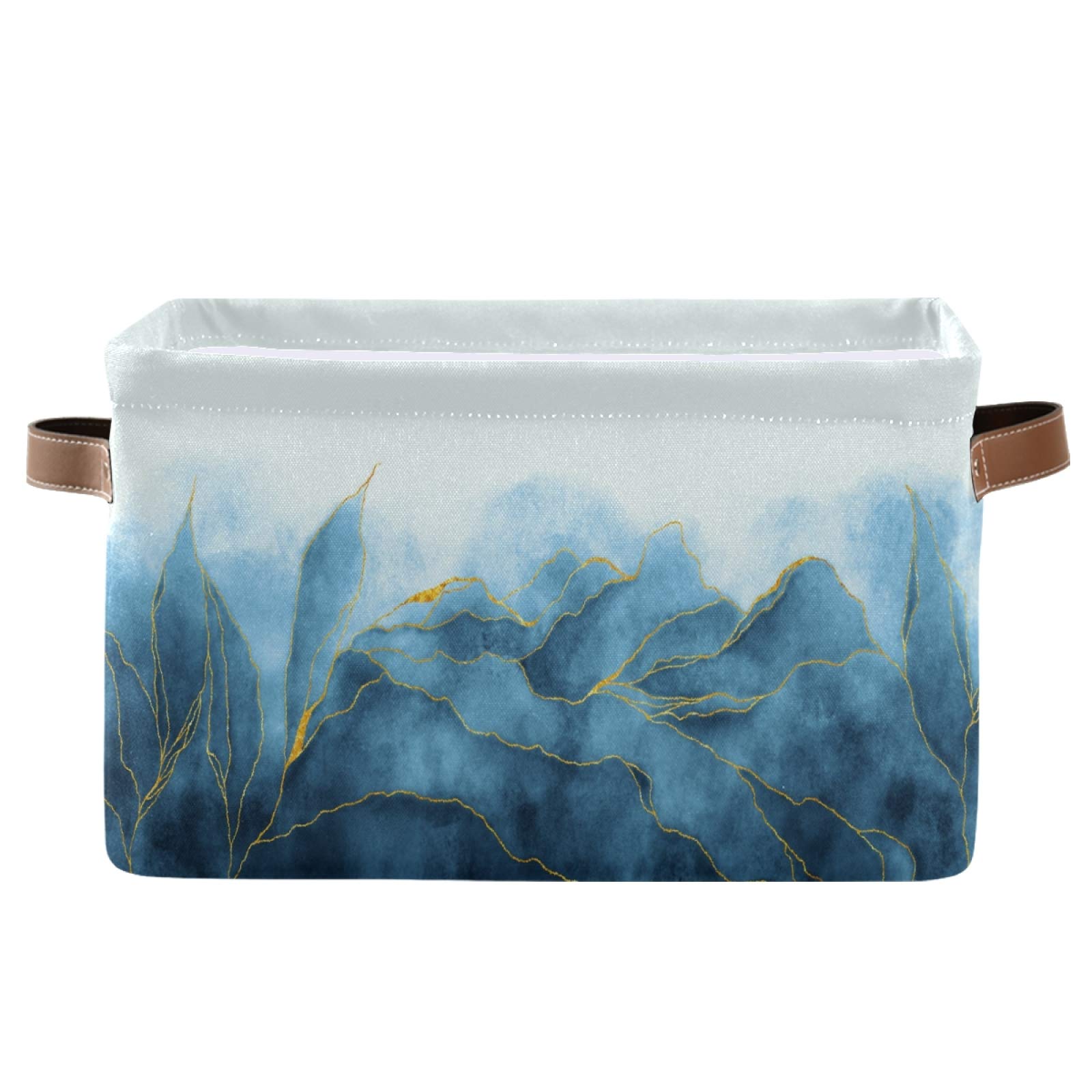 MNSRUU Collapsible Storage Basket - 2 Pack Blue Watercolor Marble Organizer with PU Handles, Waterproof Laundry Hamper for Nursery, Bedroom, Bathroom & Closet Organization