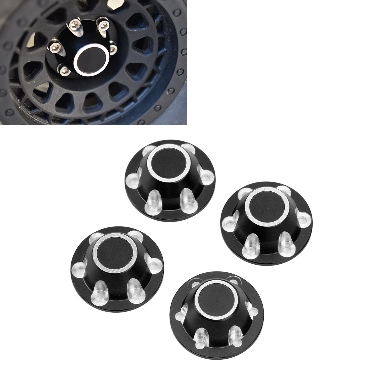 Astibym 4Pcs Aluminum Alloy Wheel Hub Dust Caps for AXIAL 1/6 SCX6 JLU RC Car - Black Hub Covers, Durable Car Model Accessories for Off-Roading & RC Racing