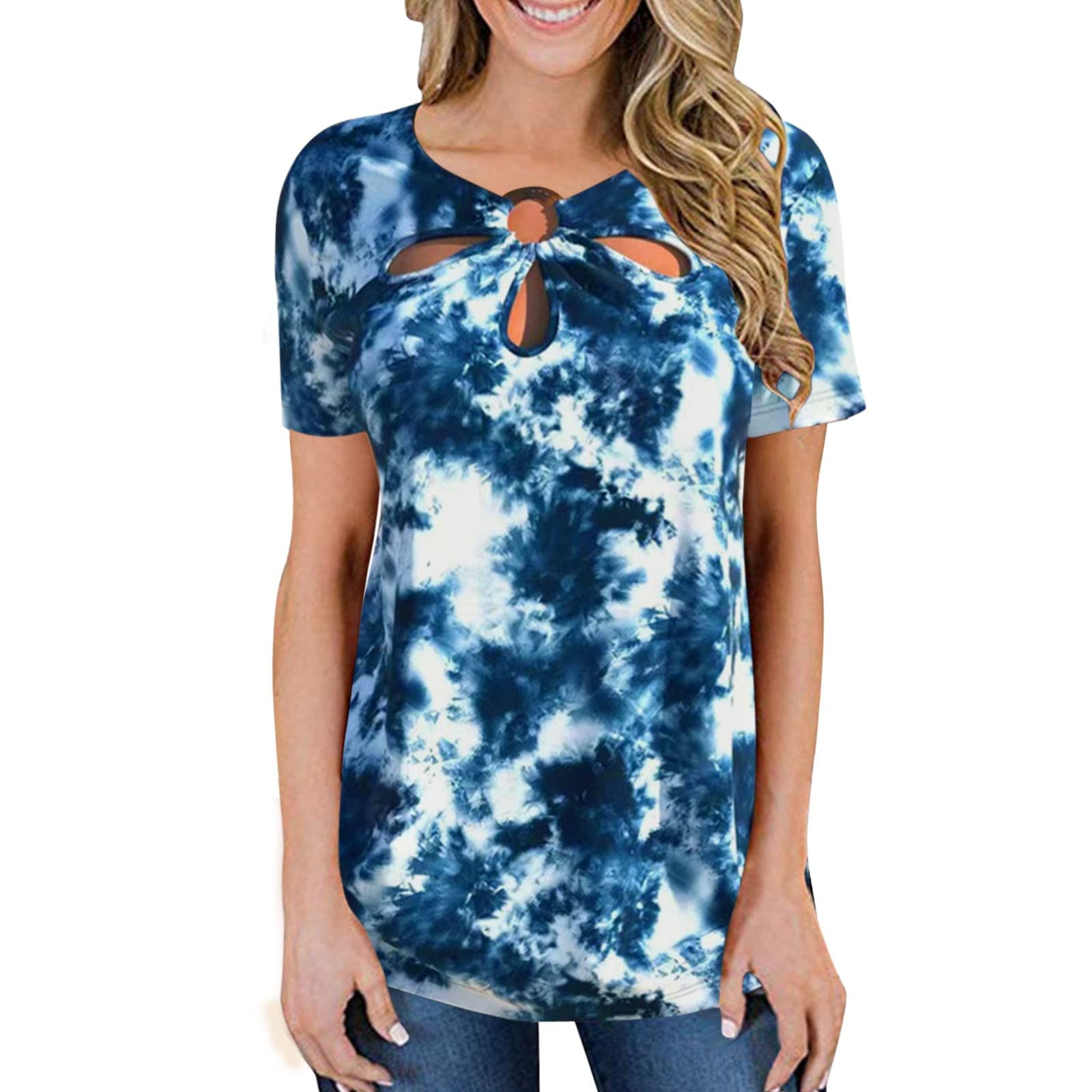 Women's Fashion Round Neck Short Sleeve T-Shirt - Floral Print Petal Cutout Design Loose Fit Casual Tee for Summer Outfits & Daily Wear