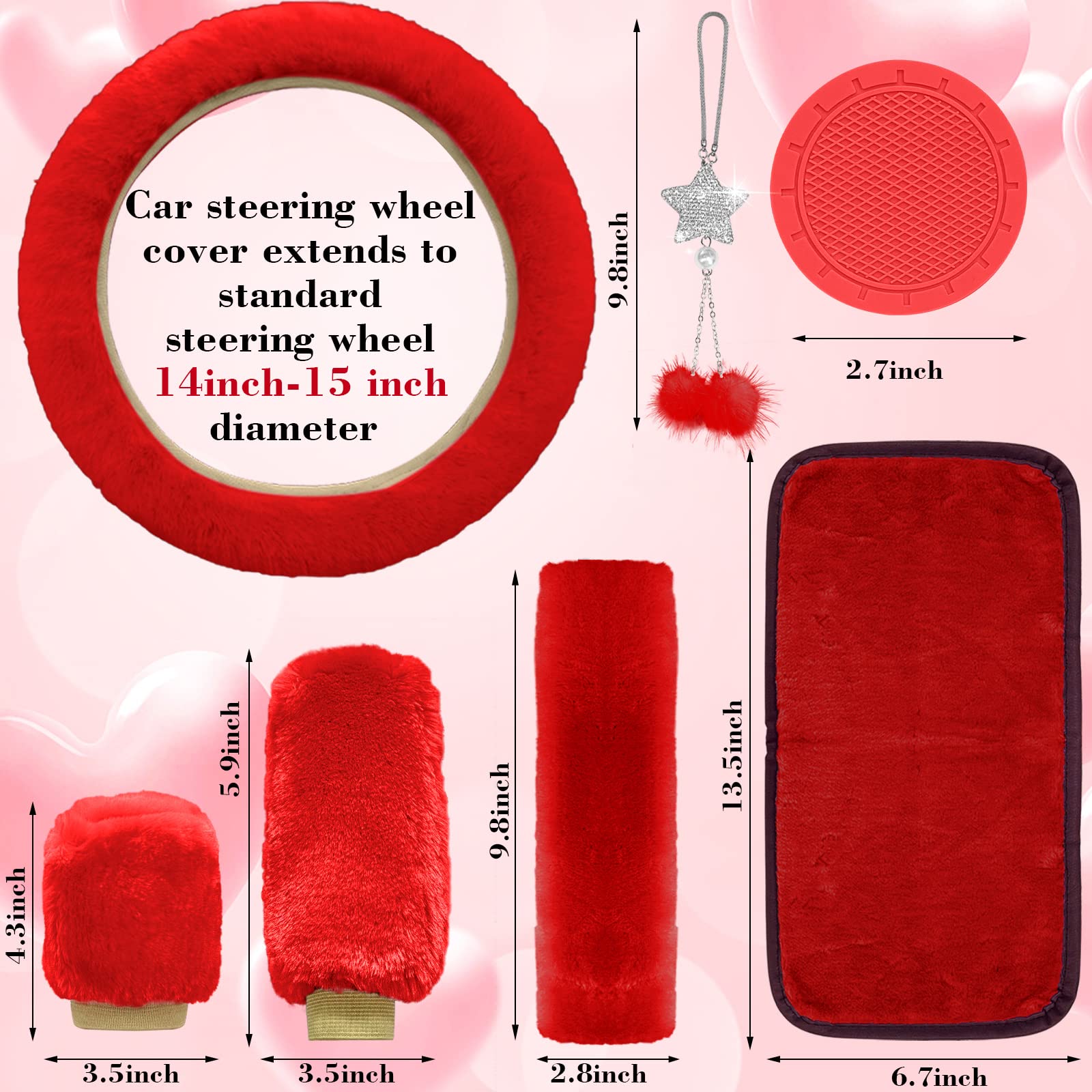 Fluffy Car Accessories Set - 9PCS Soft Fleece Steering Wheel Cover for Women, Non-Slip Warm Car Decor for Winter Driving