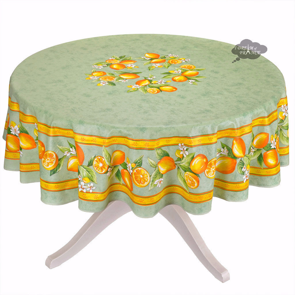 70 Round Lemons Green Tablecloth by Tissus Toselli - Waterproof Polyester Table Cover for Outdoor Picnics, Parties & Dining Decor