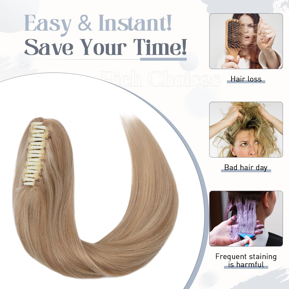 22 Inch Real Human Hair Ponytail Extension - Ash Blonde Balayage Clip-In Ponytail with Bleach Blonde Highlights (120g) | Rich Choices Claw Clip Hairpiece for Women | Perfect for Parties, Weddings & Everyday Styling