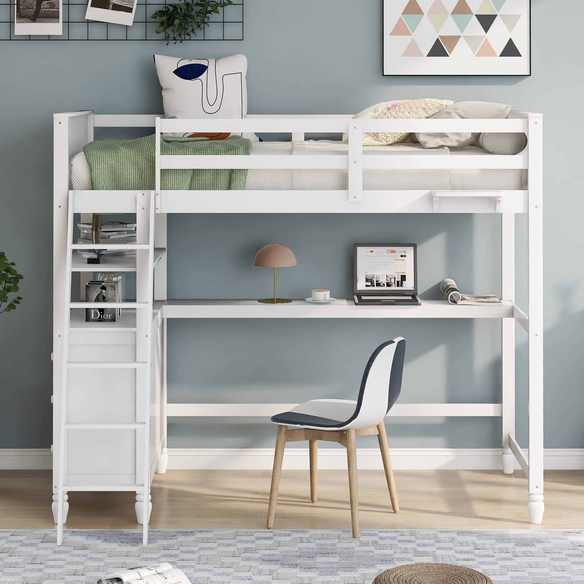**Solid Wood Twin Loft Bed with Desk for Kids - 3 Drawers & 3 Storage Shelves, Multi-Functional Study & Sleep Space with Ladder & Guardrails (White) - Perfect for Small Bedrooms & Dorm Rooms**