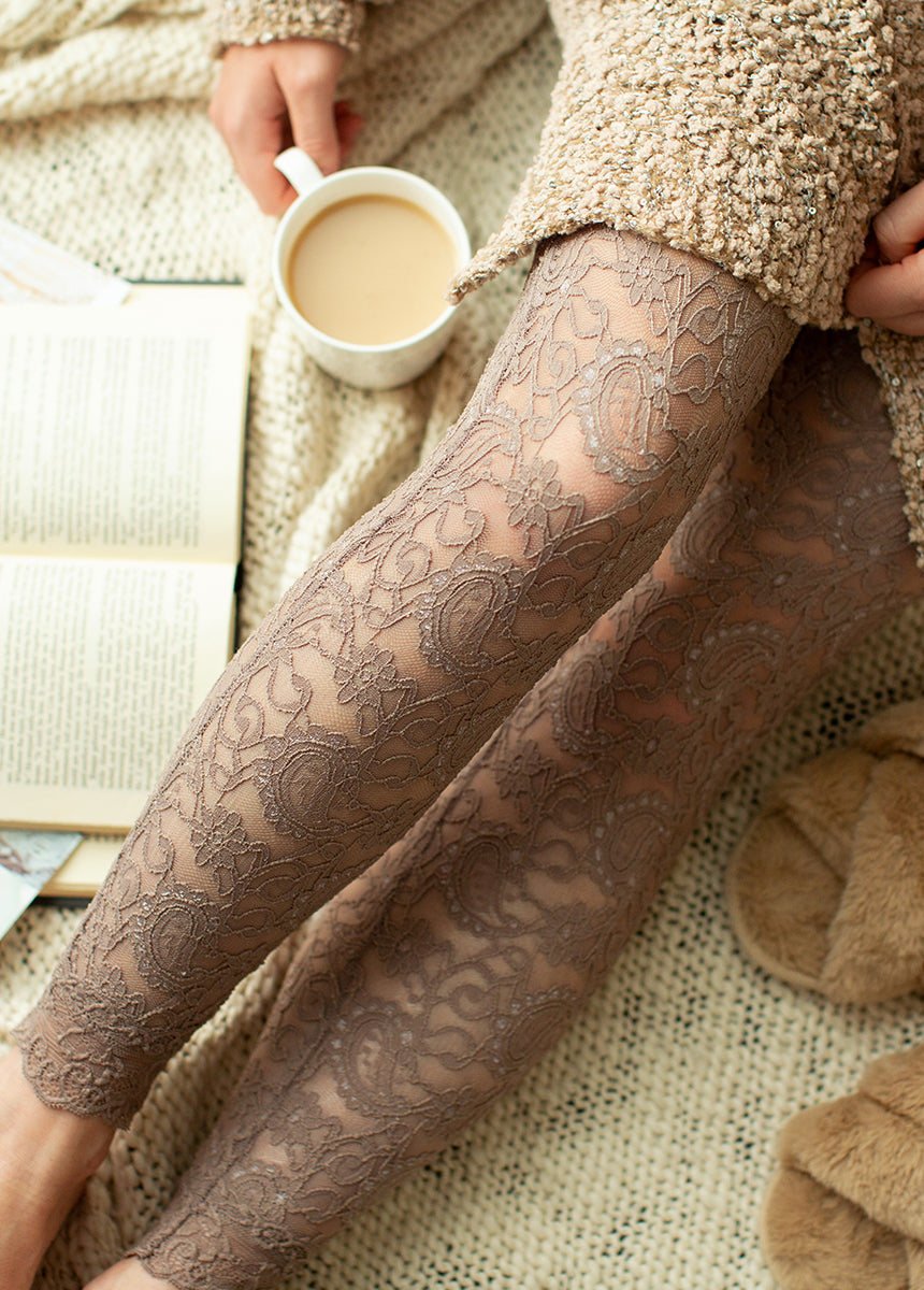 Elena Lace Leggings for Women - High Waisted Stretchy Yoga Pants in Taupe - Perfect for Workouts, Yoga & Casual Wear