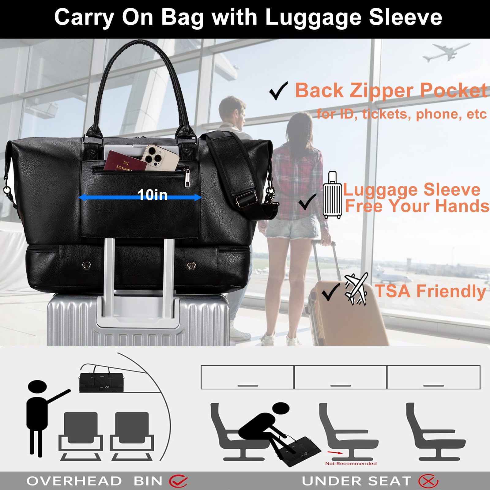 Premium Leather Travel Duffel Bag for Women & Men - Large Waterproof Weekender Overnight Bag with Shoe Compartment | Carry-On Tote & Gym Bag with Luggage Strap (Black) | Perfect for Business Trips, Weekend Getaways & Sports Travel