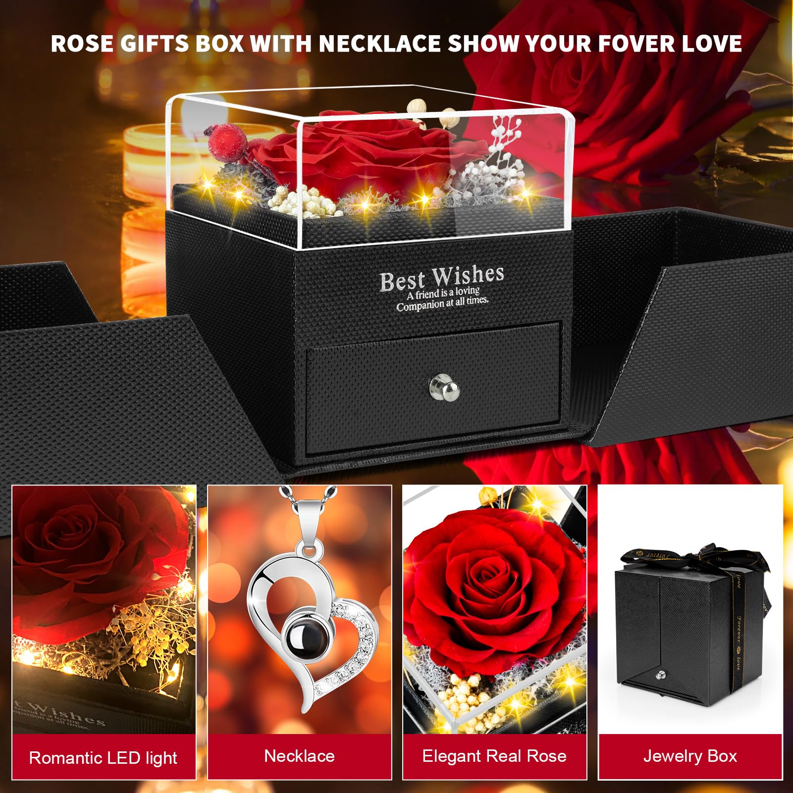 Eternal Preserved Red Rose in Glass Dome - Real Flower Gift for Mom, Grandma, Wife & Girlfriend | Romantic Anniversary, Birthday, Christmas Present with 'I Love You' Necklace | Perfect for Home Decor, Wedding Centerpiece & Special Occasions