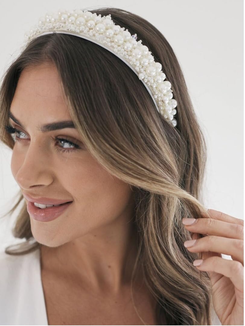 WOVOWOVO Women's Pearl Bridal Headband with Rhinestones - Elegant Wedding Hair Hoop & Hair Accessories for Brides, Prom, Parties & Special Occasions