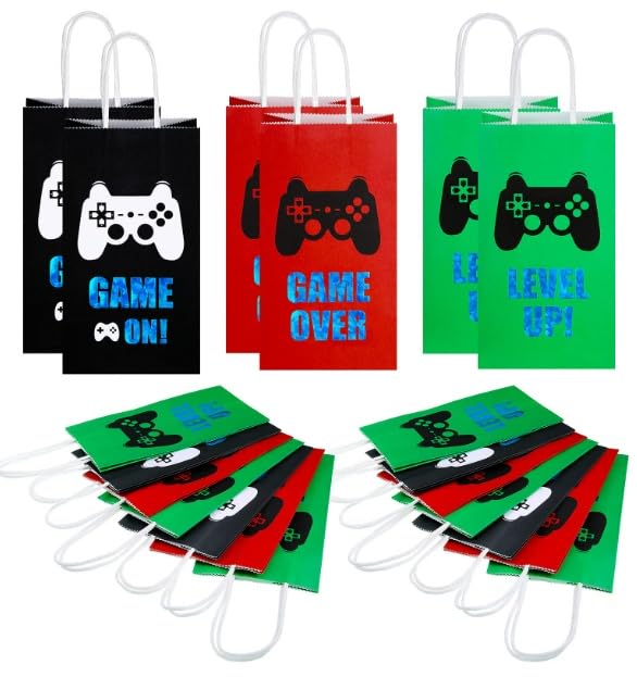 Queepe 24-Piece Video Game Party Favor Bags Set - 3 Styles for Boys Birthday Party Supplies & Decorations - Perfect for Gaming Themed Parties, Goodie Bags & Decor