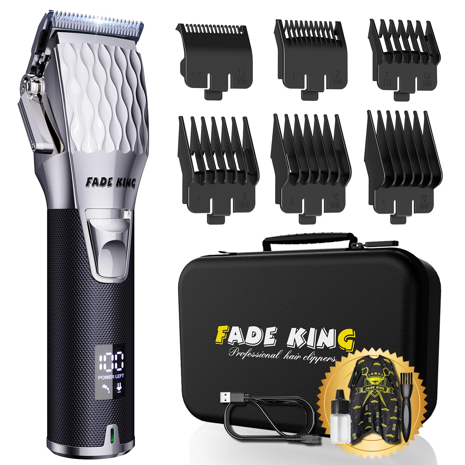 FADEKING® Professional Cordless Hair Clippers for Men - LCD Display Barber Clippers Kit with Travel Case (Silver & Black) | Precision Haircutting & Grooming for Home, Salon & Travel Use