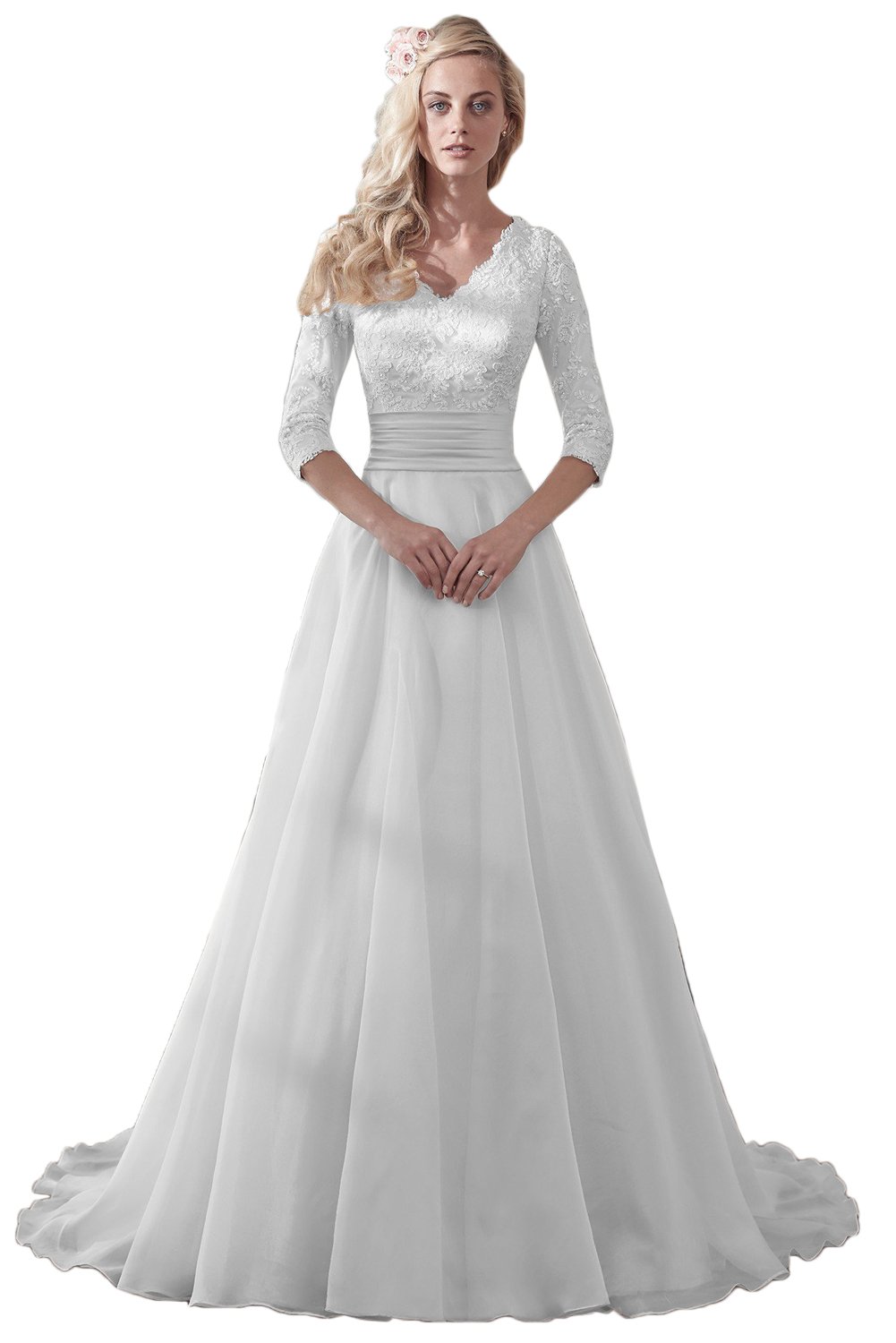 Elegant Modest Wedding Dress for Bride - V-Neck Long Sleeves Organza Gown with Floral Lace Appliques | Perfect for Church, Beach, and Garden Weddings