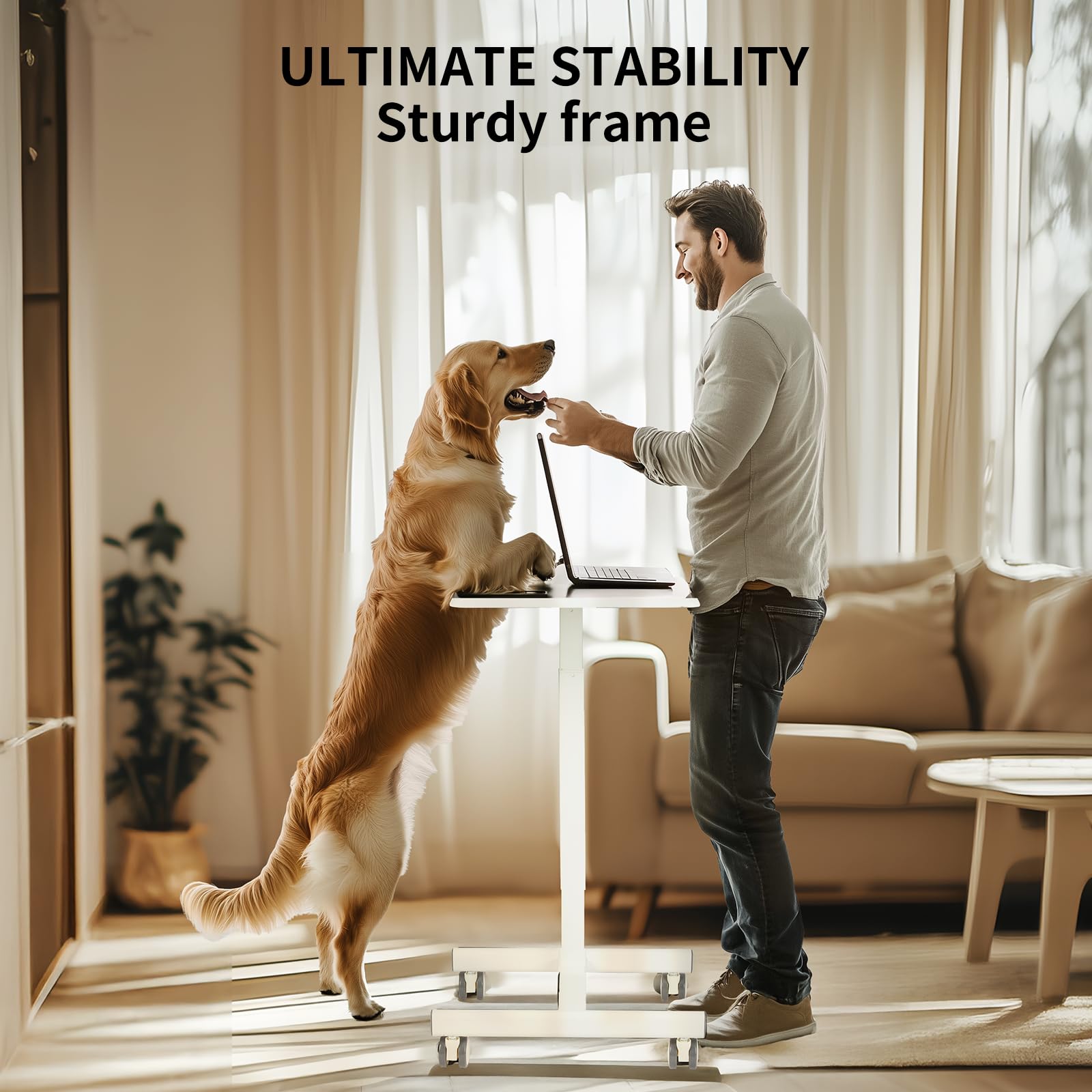 YSSOA Adjustable Height Mobile Standing Desk with Lockable Wheels - Portable Sit Stand Laptop Table Computer Workstation for Home Office, Small Spaces & Dorm Rooms - White