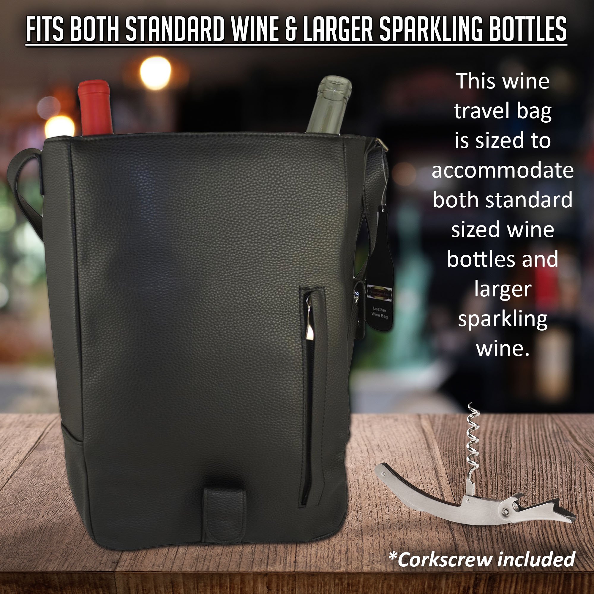 Premium Vino2 Two-Bottle Saddle Leather Wine Tote Bag - Stylish Messenger Carrier for Wine Bottles (Black) | Perfect for Picnics, Parties & Gifts