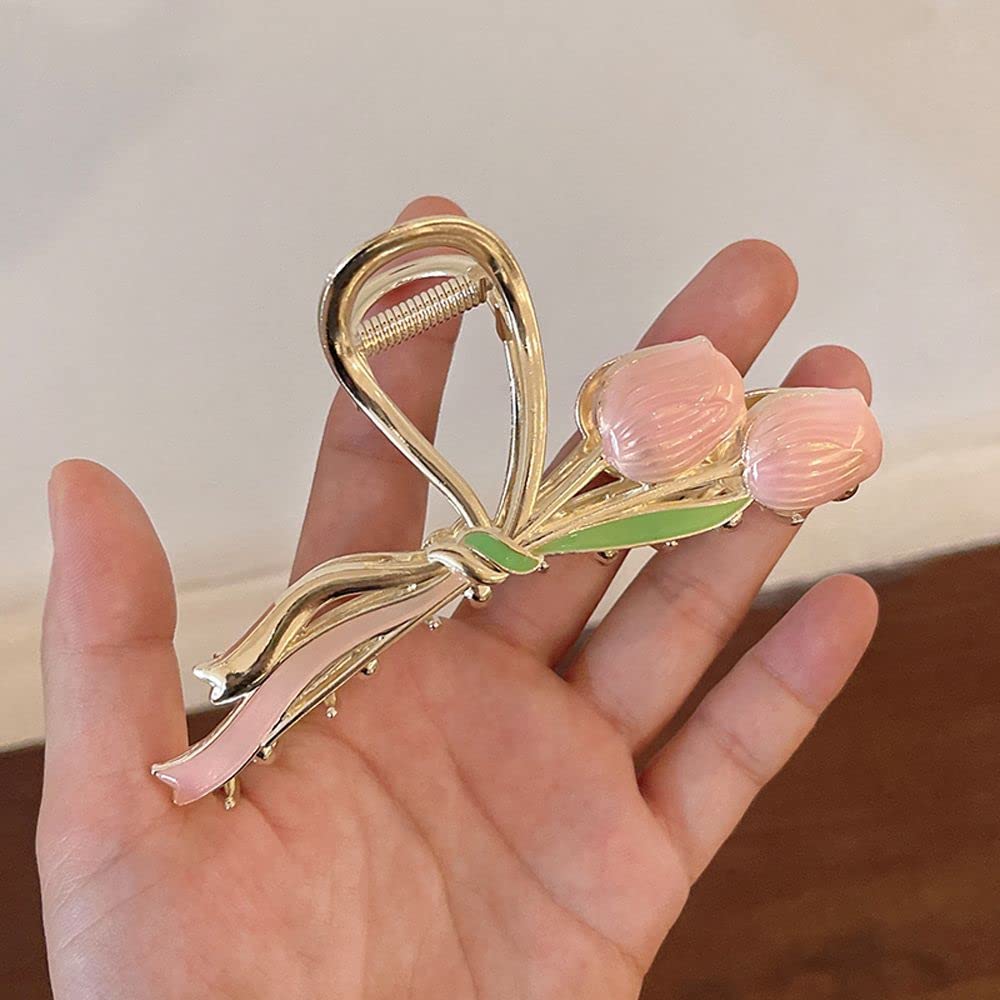 LYKD Vintage Tulip Flower Hair Claw Clips for Women & Girls - Pink Hair Styling Clips, Hair Accessories & Hairgrips - Perfect for Weddings, Parties & Everyday Use