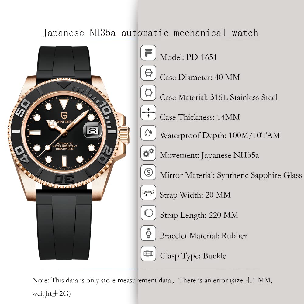 Pagani Design Automatic Men's Watch NH35 Mechanical 100M Waterproof for Yachting & Diving