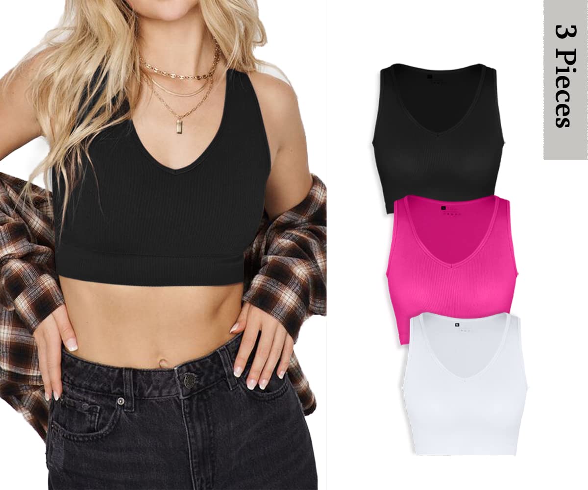 CHYRII Women's 3 Pack Summer V-Neck Racerback Workout Tops - Ribbed Basic Tank Crop Tops for Yoga, Gym & Casual Wear