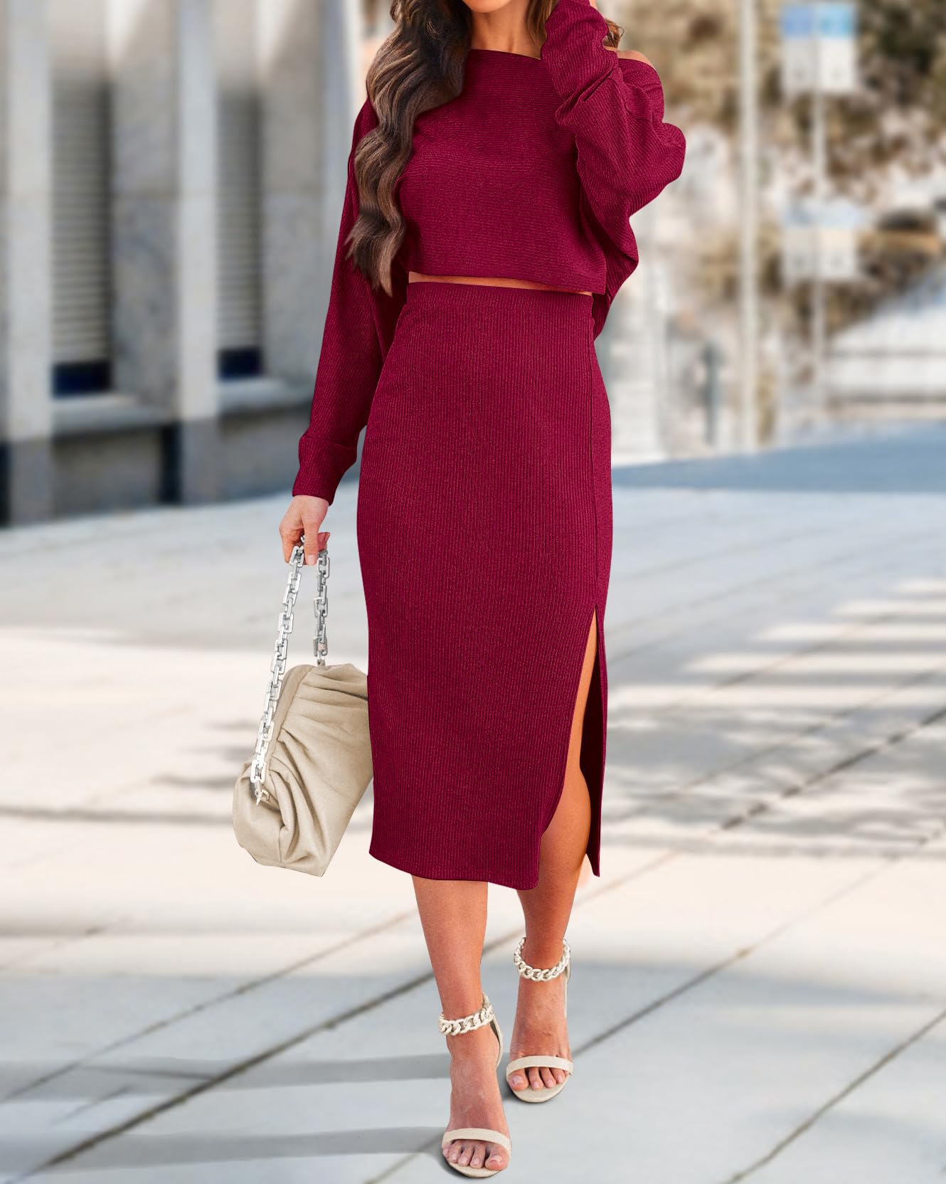 Dowerme Women's 2 Piece Outfits 2025 Spring Long Sleeve Boat Neck Tops & High Slit Bodycon Midi Ribbed Knit Skirt Sets | Fashionable Workwear & Date Night Outfits for Women